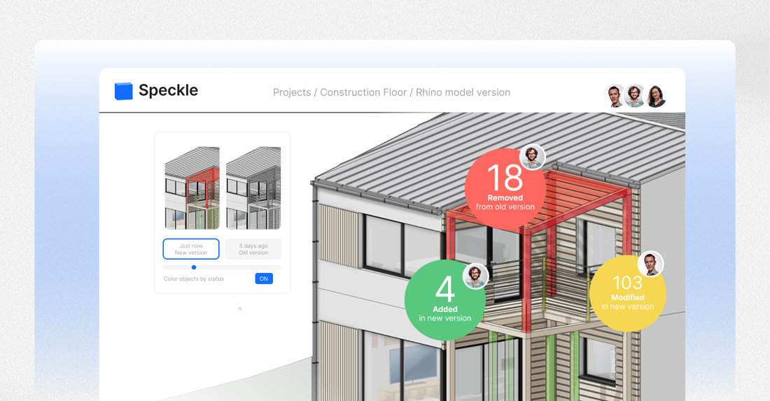 A federated BIM model open in the Speckle web viewer